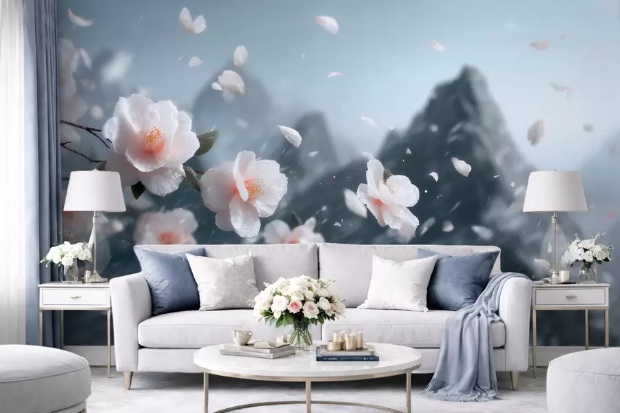 wall murals Нежни цветови трешње на планинском пољу, атмосферски јапански пејзаж у пастелним тоновима w09808