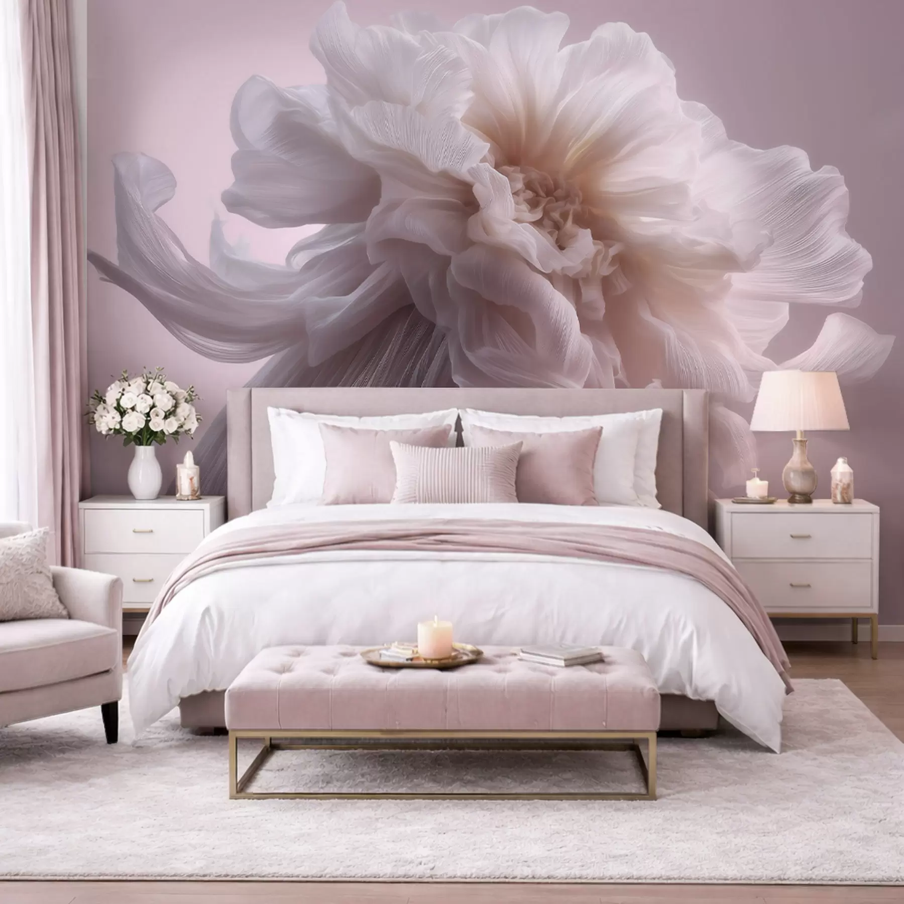 wall murals Волуметријски свилени цвет у нежним ружичастим и беж тоновима w09809