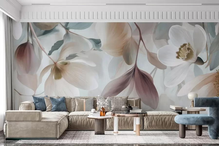 wall murals нежна композиција цвећа и лишћа у пастелним нијансама w05240