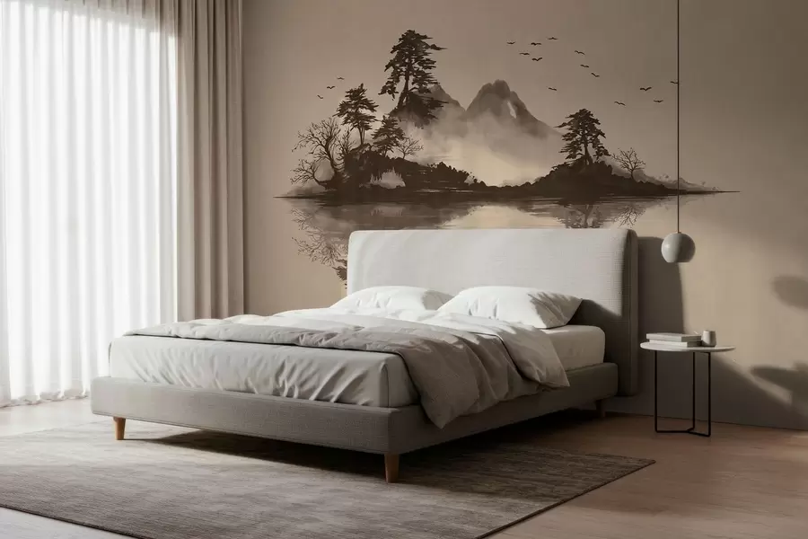 wall murals Планински пејзаж Суми-е са боровима и одразом w05124