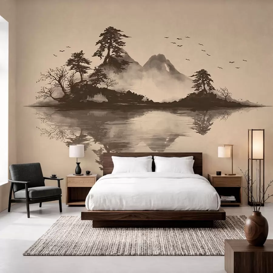 wall murals Планински пејзаж Суми-е са боровима и одразом w05124