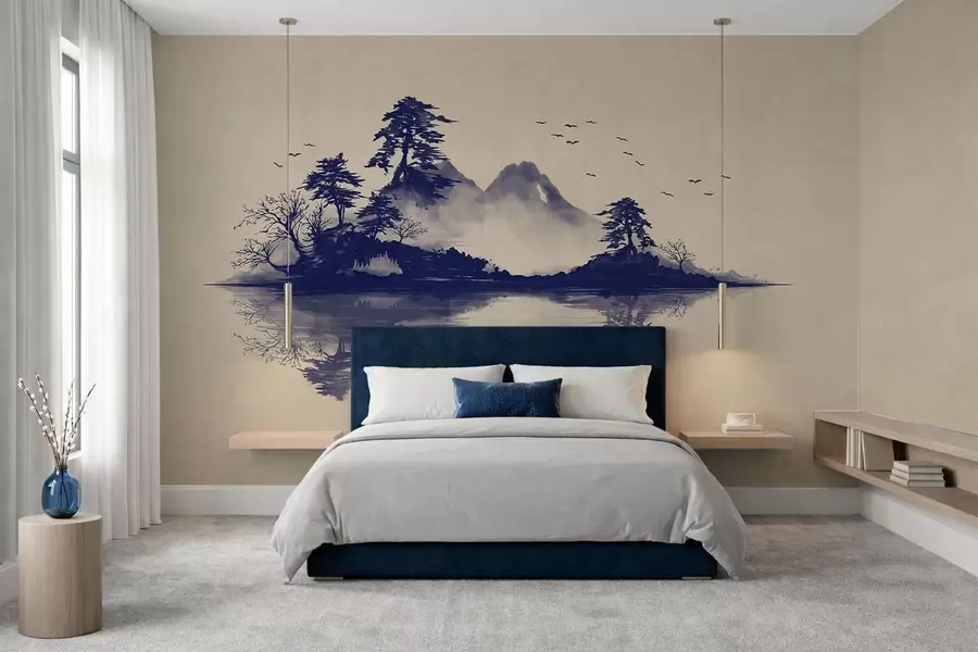 wall murals Планински пејзаж Суми-е у плавим тоновима w05124v2