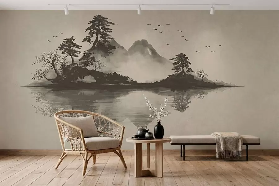 wall murals Планински пејзаж Суми-е у меким сивим тоновима w05124v1