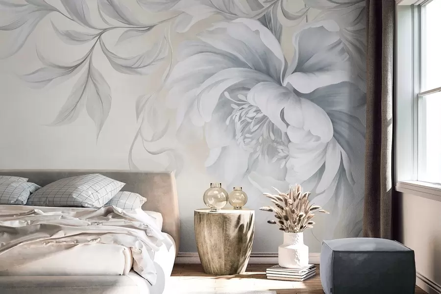 wall murals Велики, текстурирани божур са нежним латицама и сивим листовима, осликан у меком стилу w09647