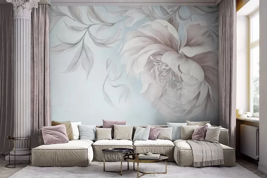 wall murals Велики, текстурирани божур са нежним латицама и сивим листовима, осликан у меком стилу w09647v1