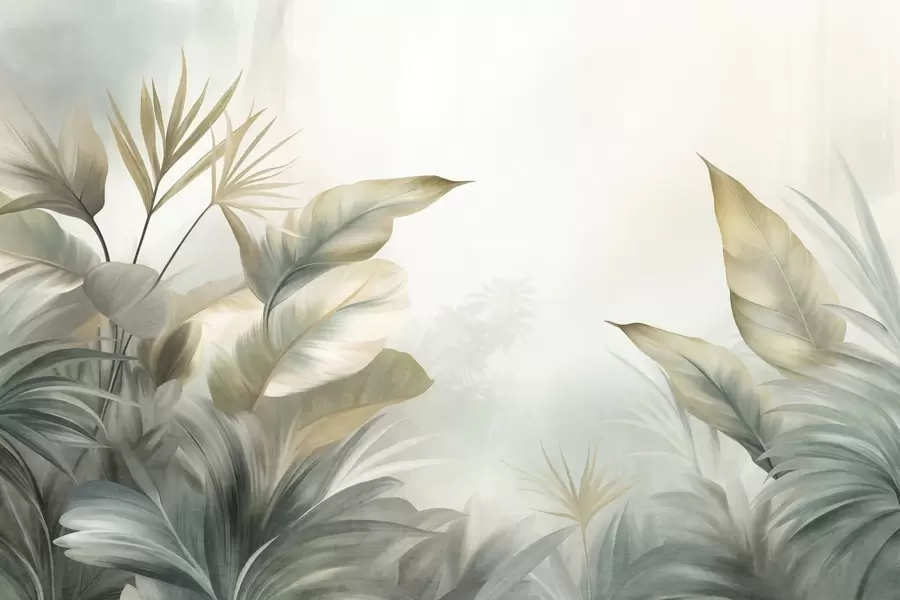 wall murals Велики, текстурирани тропски листови у пригушеним зеленим и беж тоновима, окружење џунгле w09820