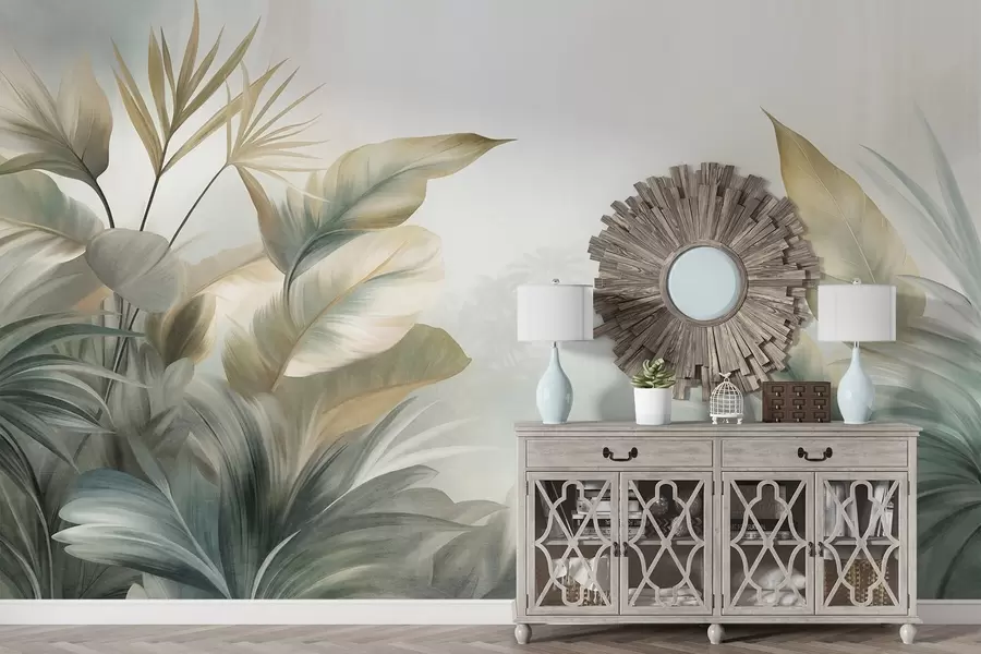 wall murals Велики, текстурирани тропски листови у пригушеним зеленим и беж тоновима, окружење џунгле w09820