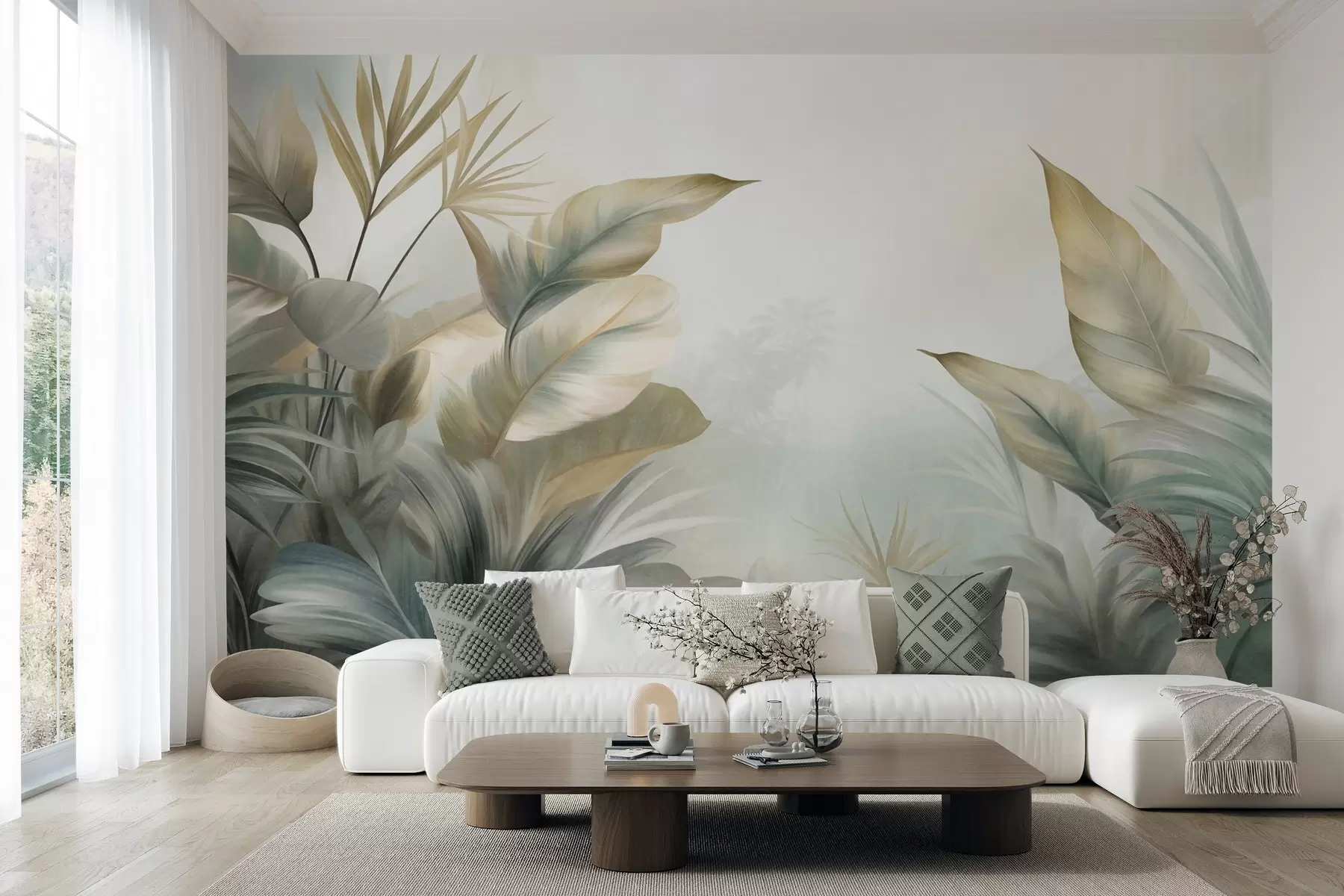wall murals Велики, текстурирани тропски листови у пригушеним зеленим и беж тоновима, окружење џунгле w09820