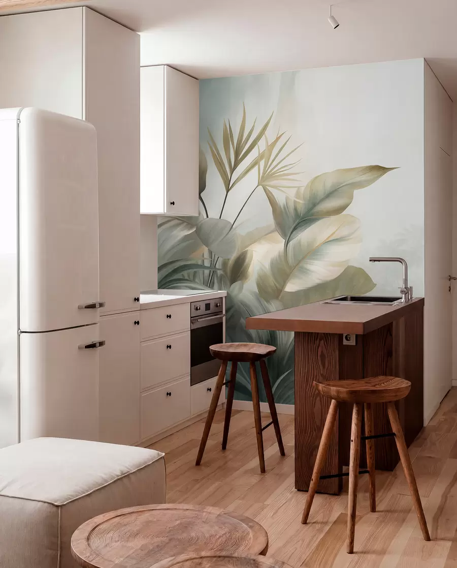 wall murals Велики, текстурирани тропски листови у пригушеним зеленим и беж тоновима, окружење џунгле w09820