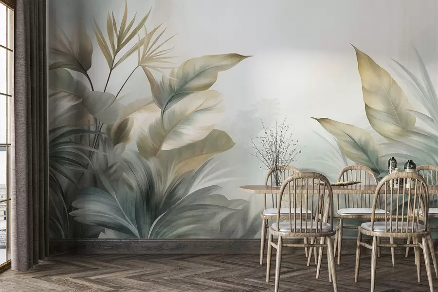 wall murals Велики, текстурирани тропски листови у пригушеним зеленим и беж тоновима, окружење џунгле w09820
