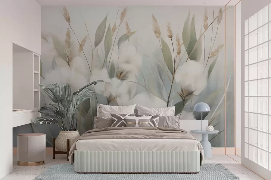 wall murals Бело сушено цвеће и висока трава са меком, пригушеном позадином, осликано у импресионистичком стилу w09823