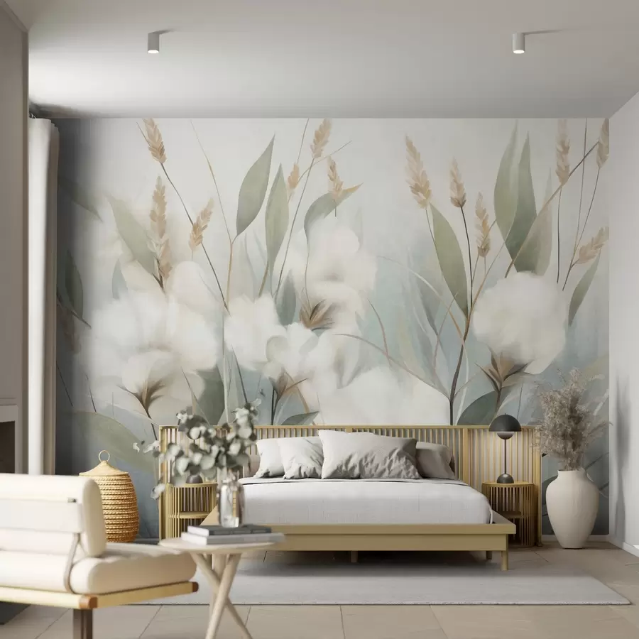 wall murals Бело сушено цвеће и висока трава са меком, пригушеном позадином, осликано у импресионистичком стилу w09823