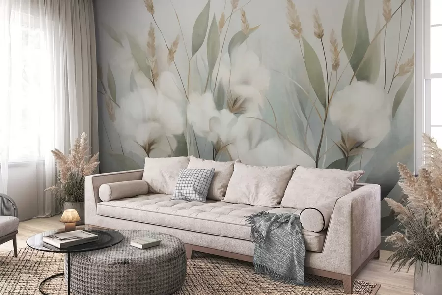 wall murals Бело сушено цвеће и висока трава са меком, пригушеном позадином, осликано у импресионистичком стилу w09823