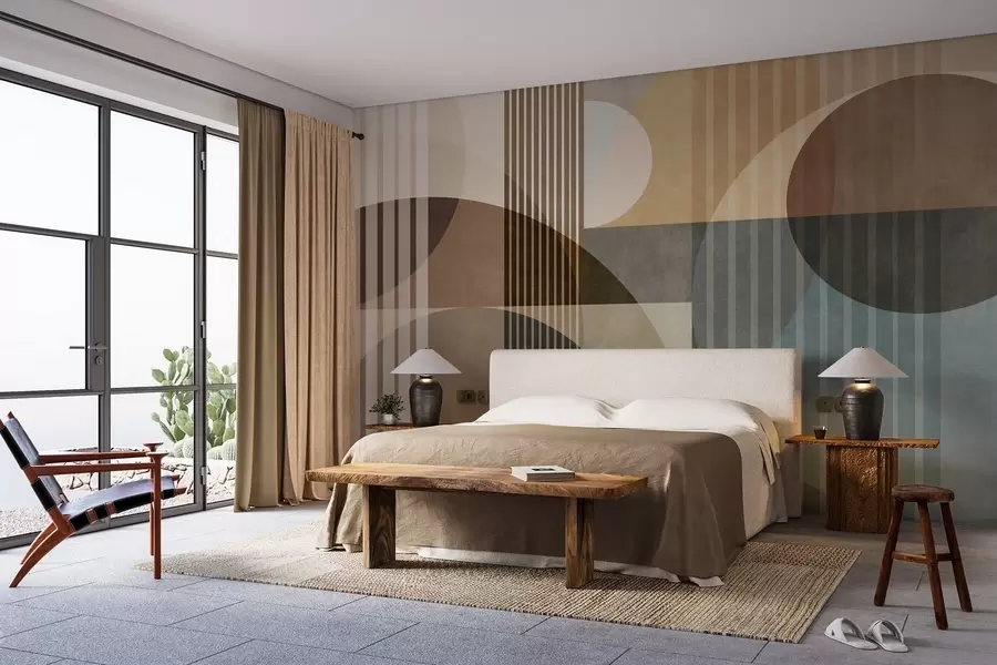 wall murals Апстрактни геометријски облици са круговима и линијама, пригушени земљани тонови, текстурирана, слојевита композиција w09834