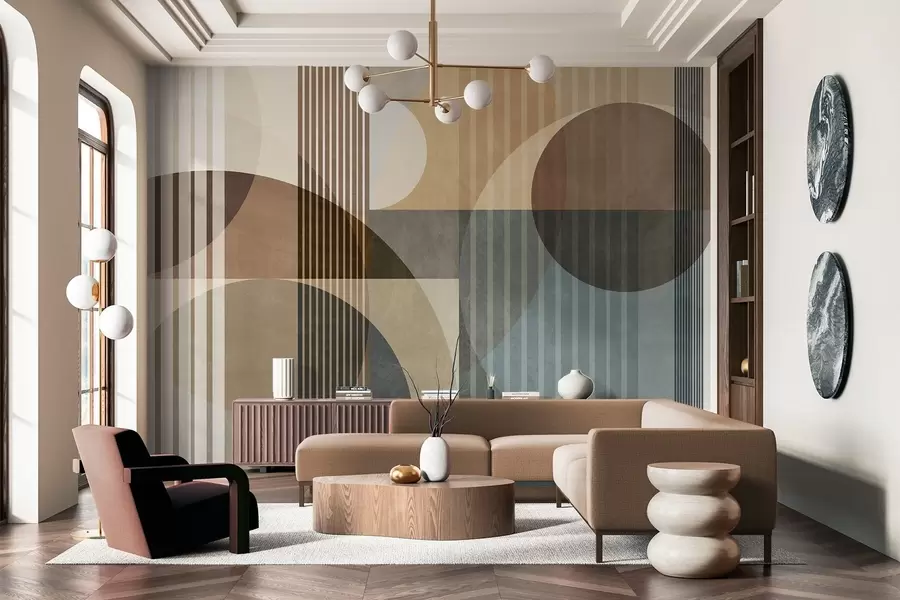 wall murals Апстрактни геометријски облици са круговима и линијама, пригушени земљани тонови, текстурирана, слојевита композиција w09834