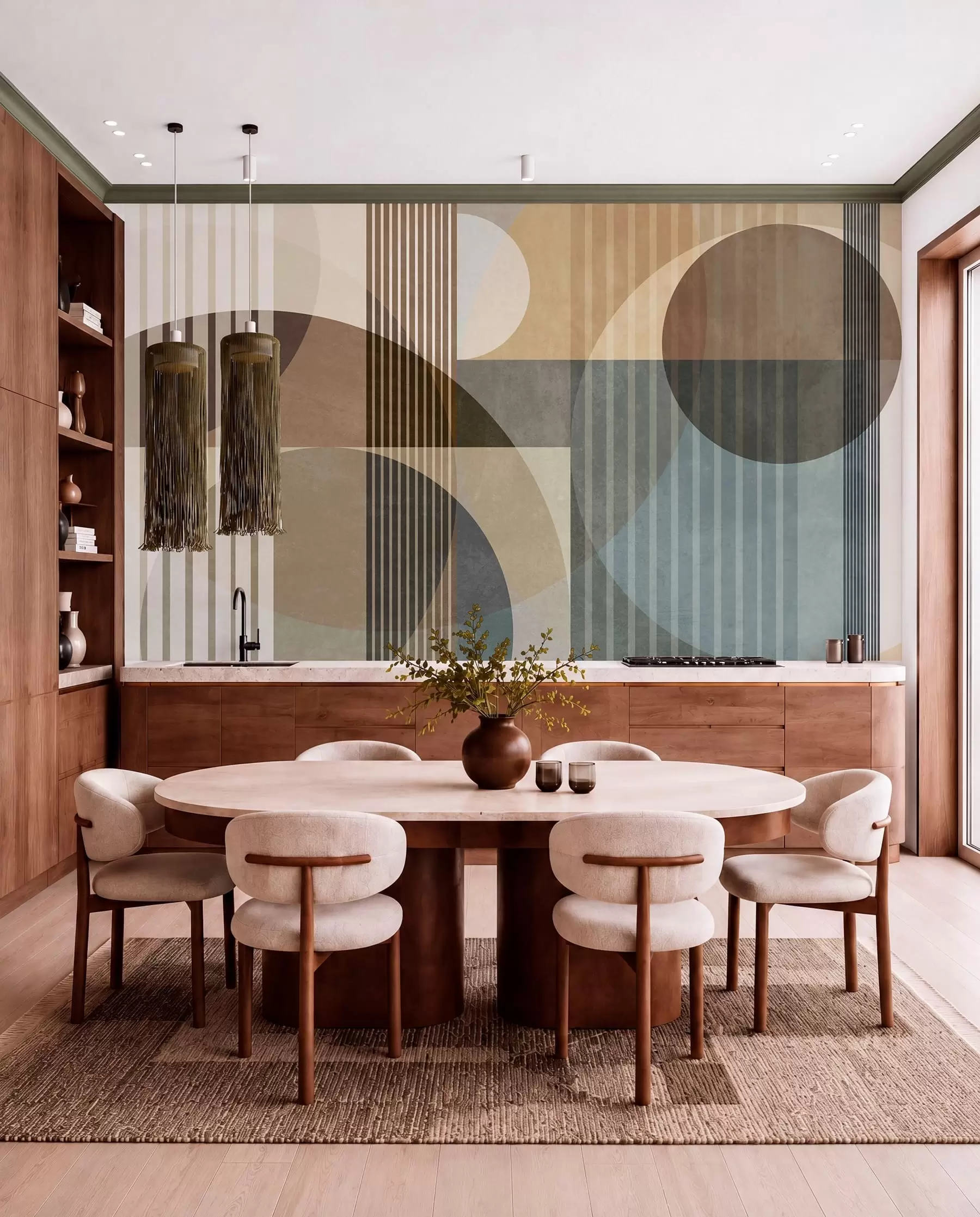 wall murals Апстрактни геометријски облици са круговима и линијама, пригушени земљани тонови, текстурирана, слојевита композиција w09834