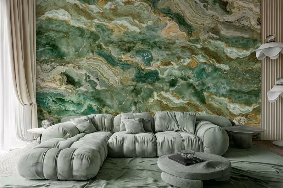 wall murals Текстура зеленог оникса са текућим слојевитим жилама w05429