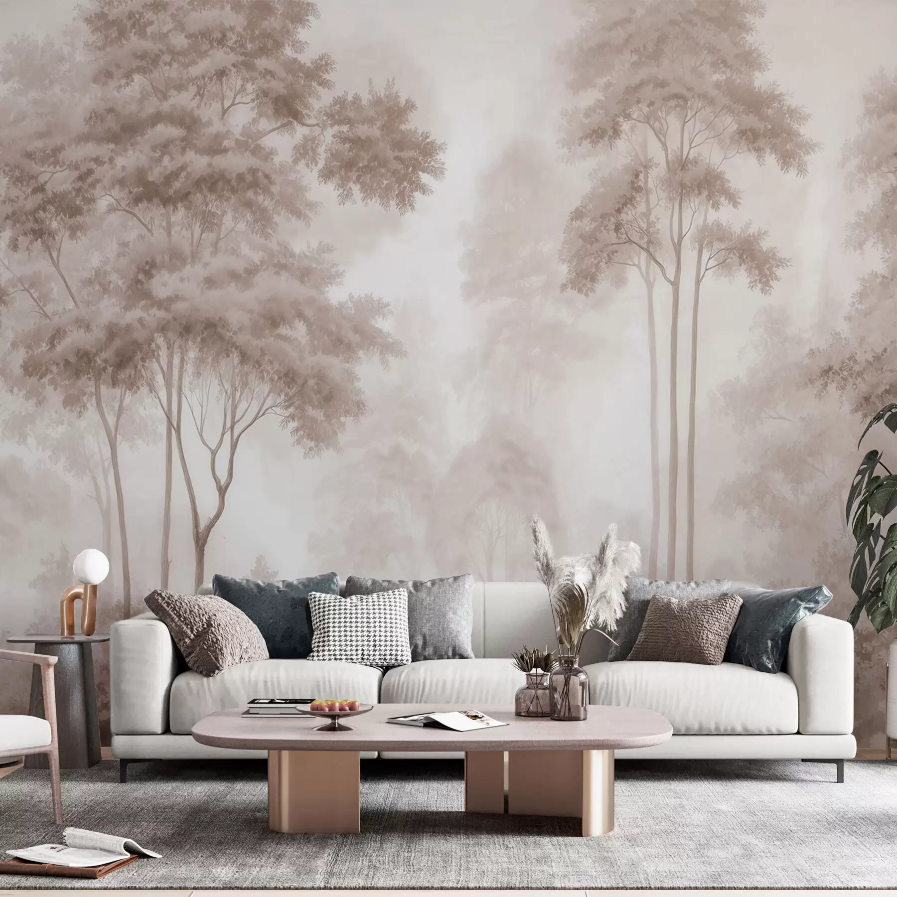 wall murals Апстрактни шумски пејзаж у димљеним беж тоновима са осећајем дубине w09657