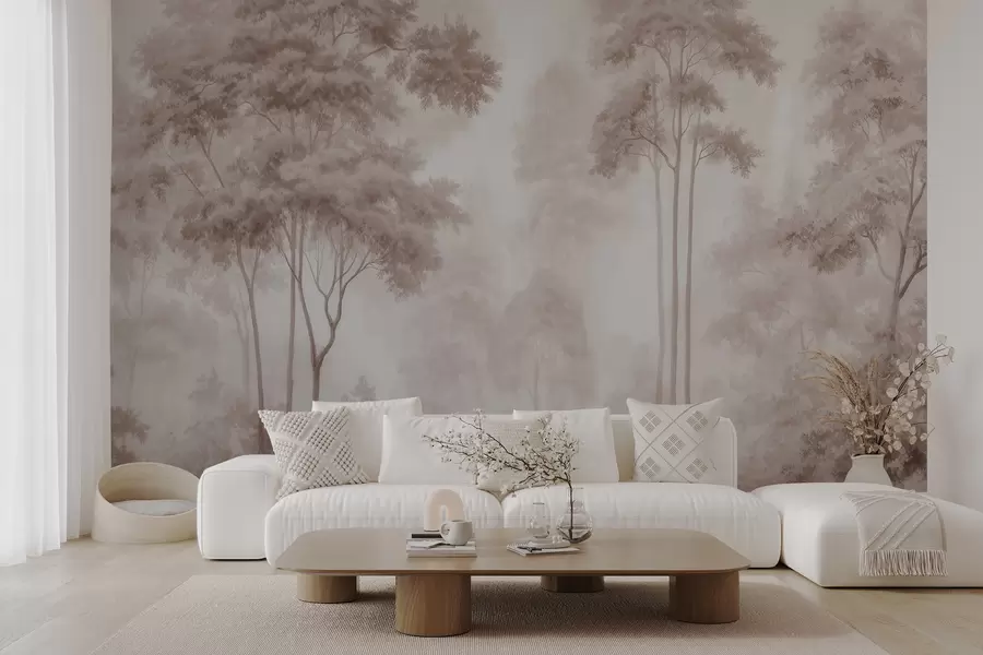 wall murals Апстрактни шумски пејзаж у димљеним беж тоновима са осећајем дубине w09657