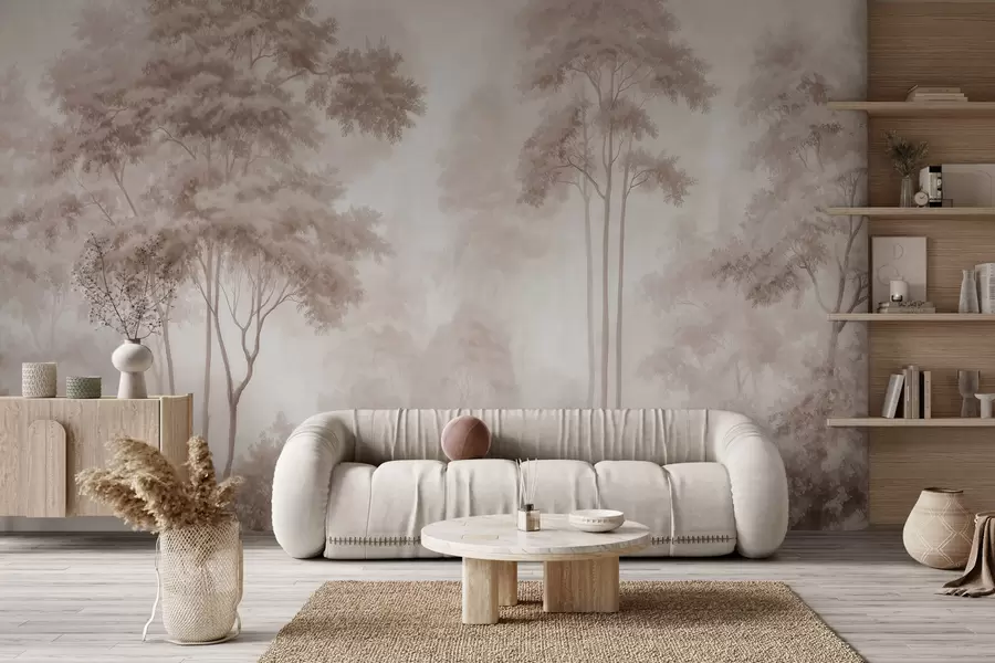 wall murals Апстрактни шумски пејзаж у димљеним беж тоновима са осећајем дубине w09657