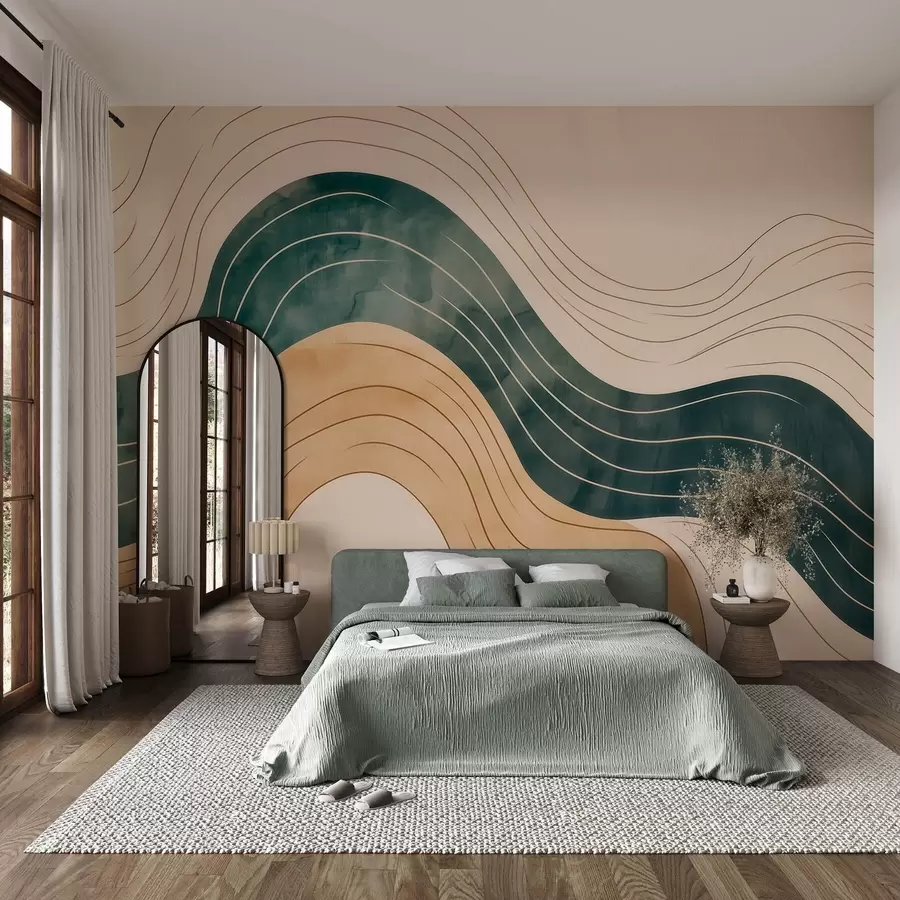 wall murals Апстрактне таласасте линије у природним тоновима песка и смарагда w09732