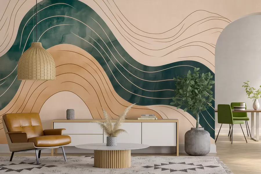 wall murals Апстрактне таласасте линије у природним тоновима песка и смарагда w09732