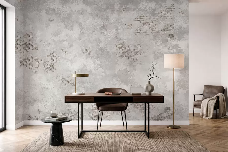 wall murals Грунг текстура малтера са изложеним фрагментима цигле w05161