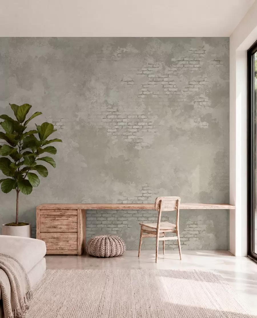 wall murals Гранџ светли малтер са видљивим цигланим мрљама w05161v1