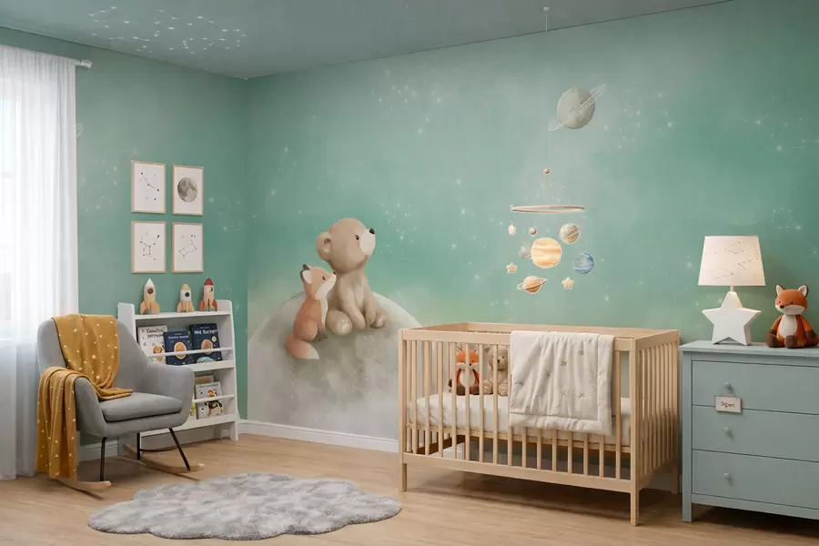 wall murals Пастелна илустрација медведа и лисице зелено небо w05431v1