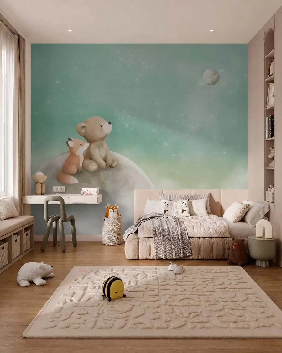 wall murals Пастелна илустрација медведа и лисице зелено небо w05431v1