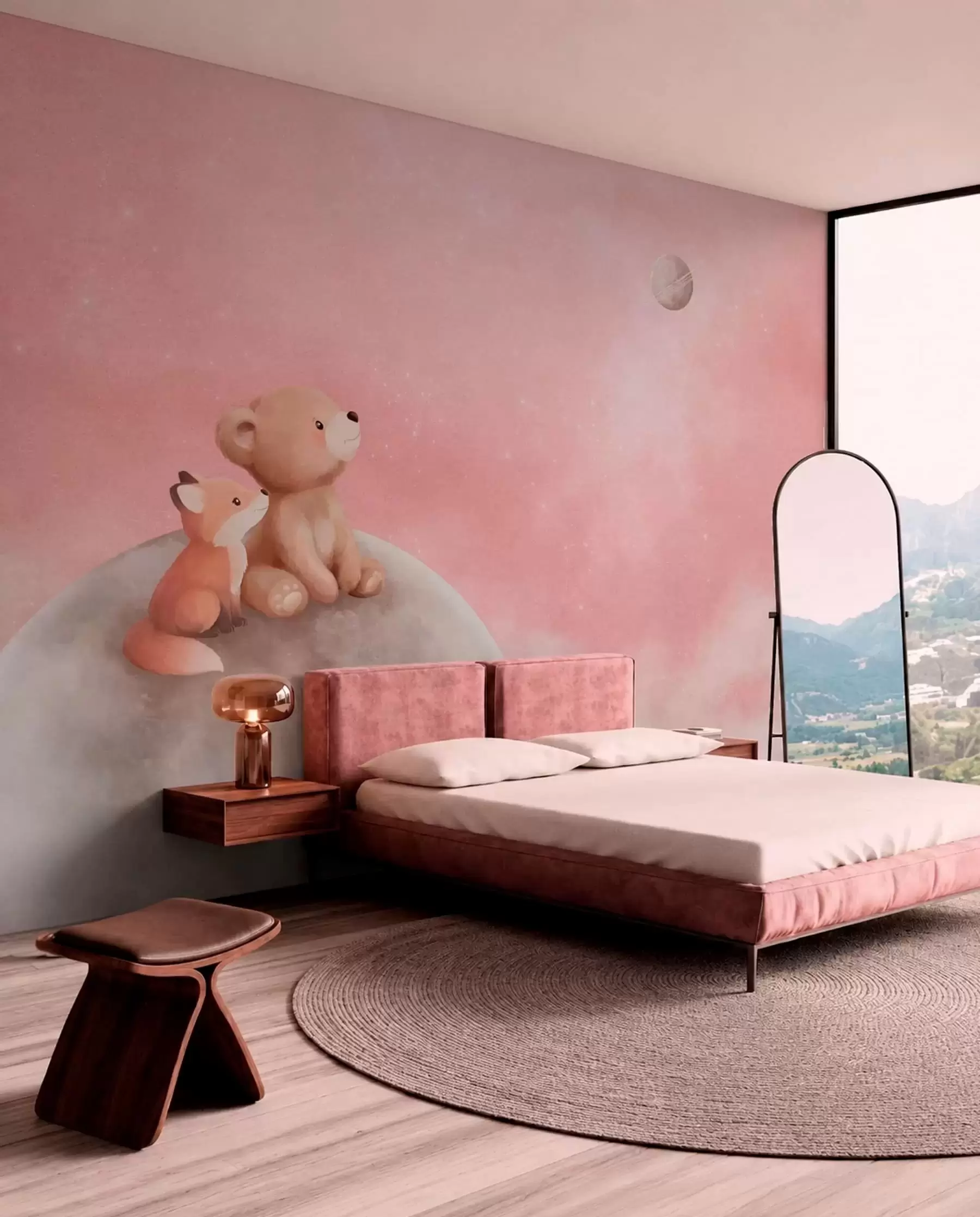 wall murals Пастелна илустрација медведа и лисице на ружичастом небу са месецом w05431v2