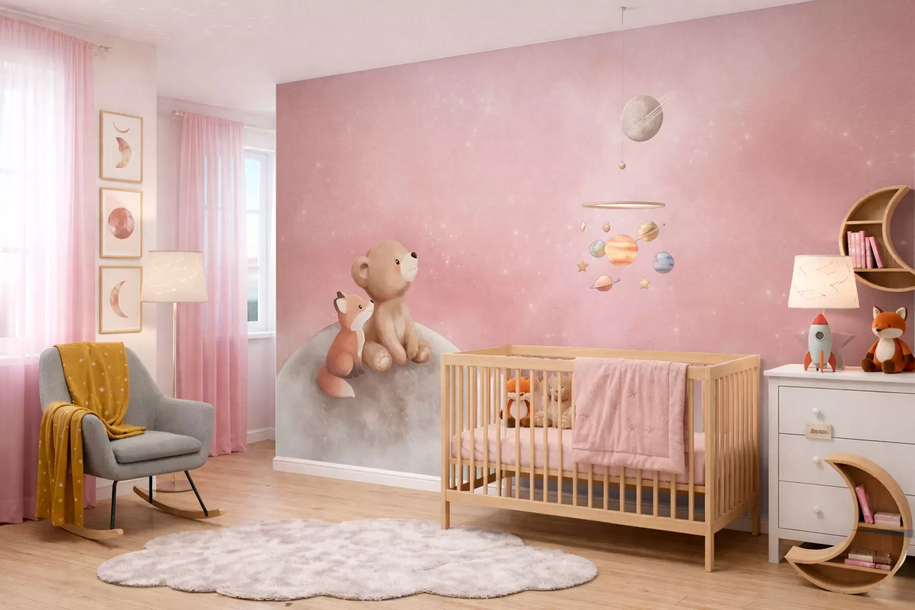 wall murals Пастелна илустрација медведа и лисице на ружичастом небу са месецом w05431v2