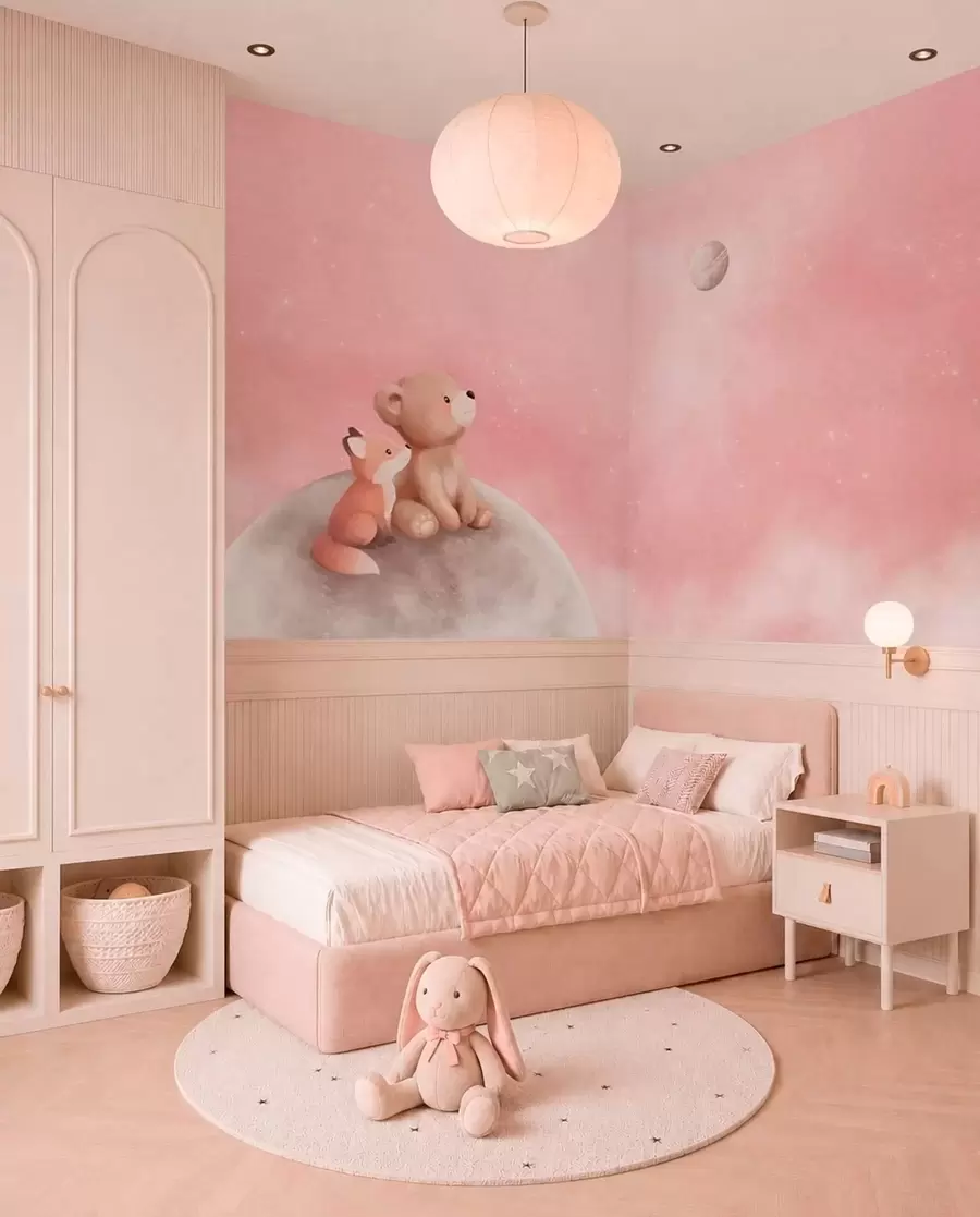 wall murals Пастелна илустрација медведа и лисице на ружичастом небу са месецом w05431v2