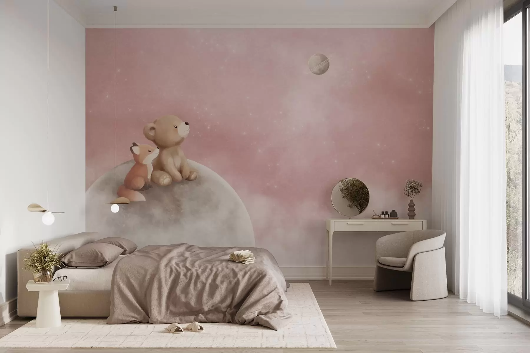 wall murals Пастелна илустрација медведа и лисице на ружичастом небу са месецом w05431v2