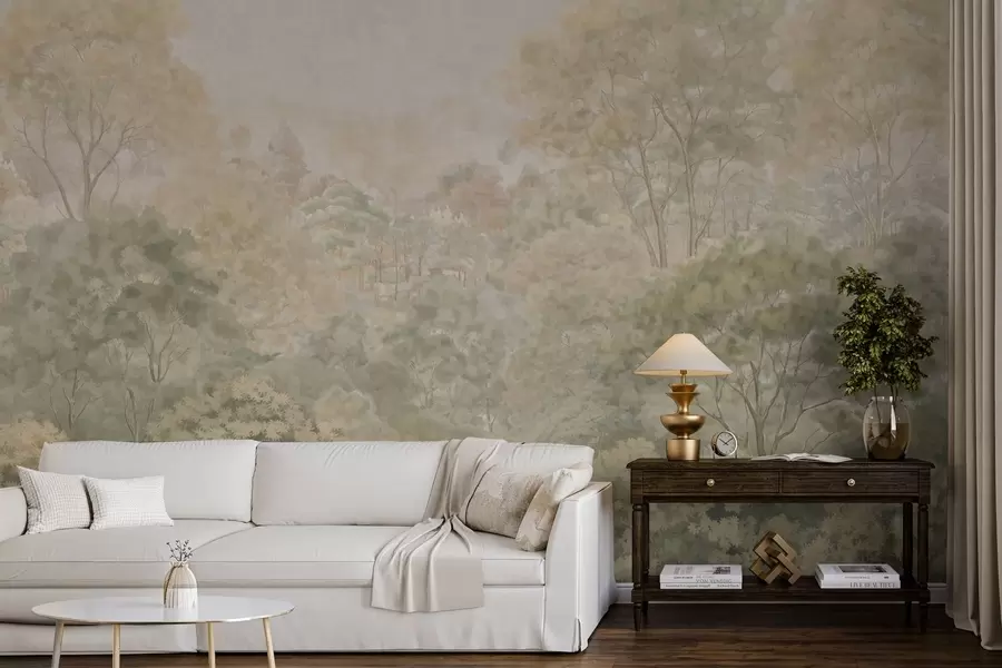 wall murals Винтажни шумски пејзаж у пригушеним зеленим тоновима w05433