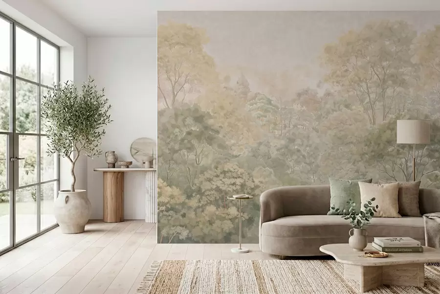 wall murals Винтажни шумски пејзаж у пригушеним зеленим тоновима w05433