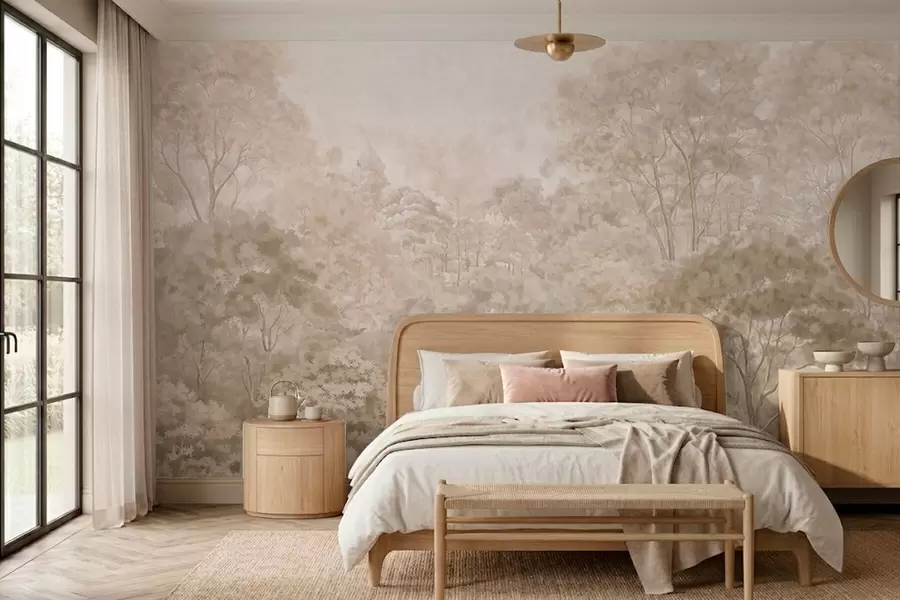 wall murals Винтажни шумски пејзаж у топлим беж тоновима w05433v1