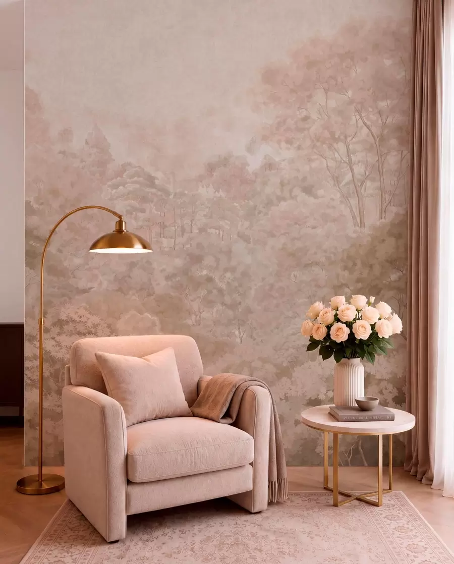 wall murals Винтажни шумски пејзаж у топлим беж тоновима w05433v1