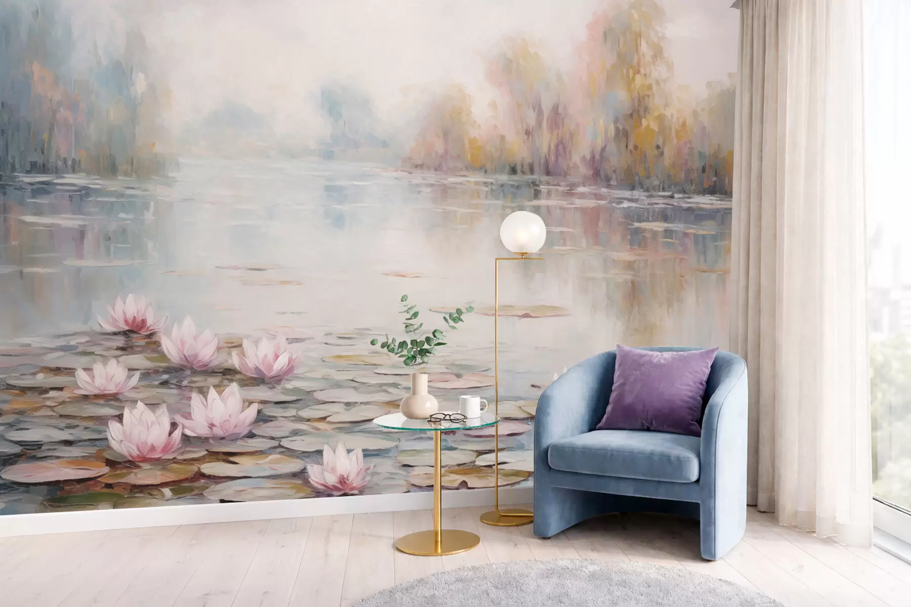 wall murals Импресионистичко језеро са локвањима и меким светлом w05515