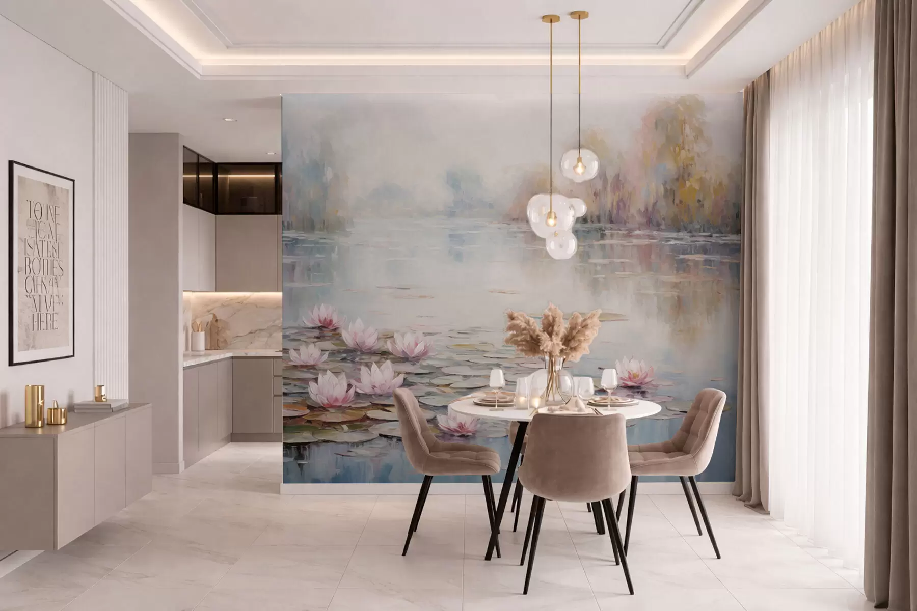 wall murals Импресионистичко језеро са локвањима и меким светлом w05515