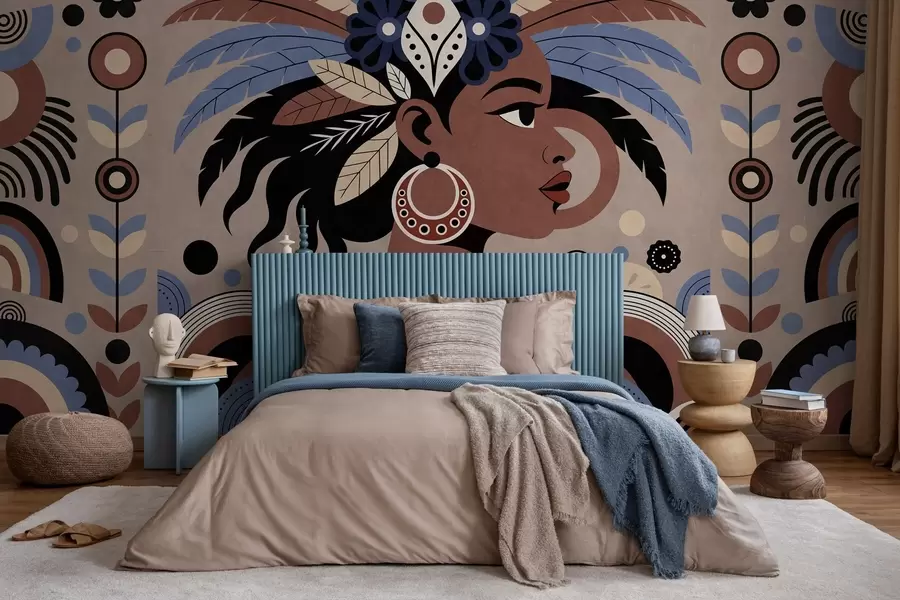 wall murals стилски дизајн инспирисан Африком у нијансама плаве и чоколаде w05389