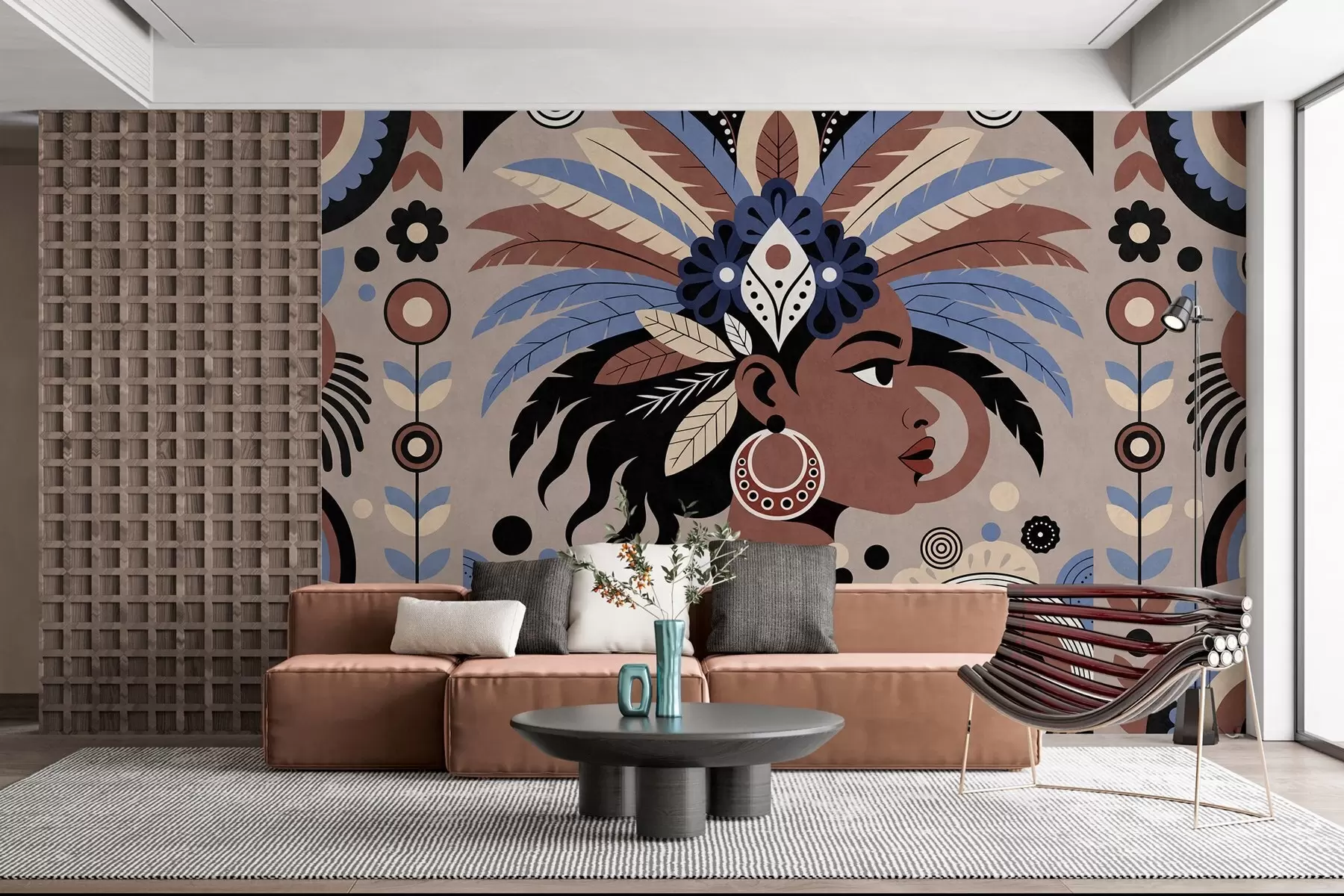 wall murals стилски дизајн инспирисан Африком у нијансама плаве и чоколаде w05389