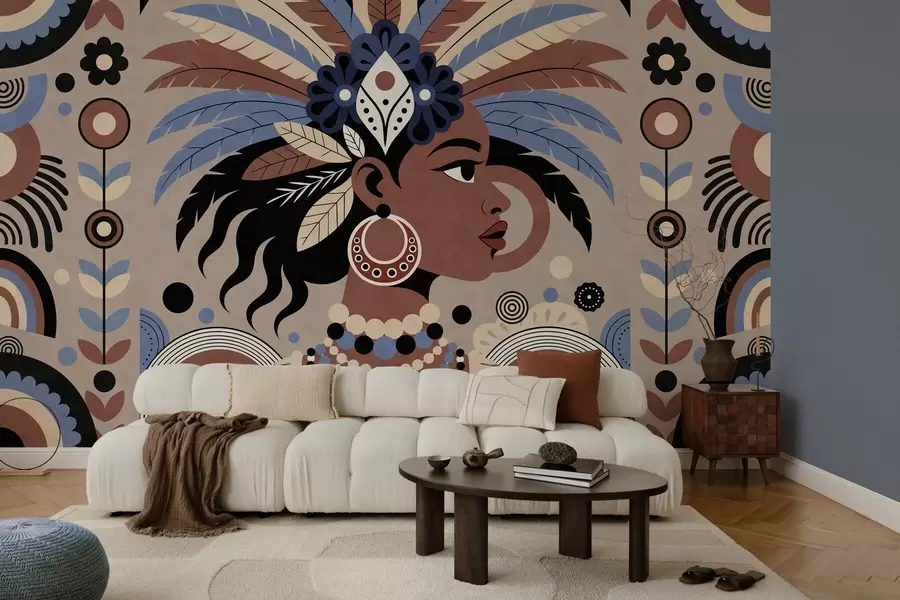 wall murals стилски дизајн инспирисан Африком у нијансама плаве и чоколаде w05389