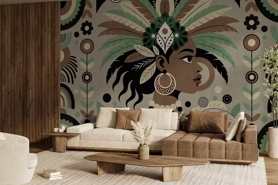 wall murals стилски дизајн инспирисан Африком у нијансама зелене, браон и беж w05389v1