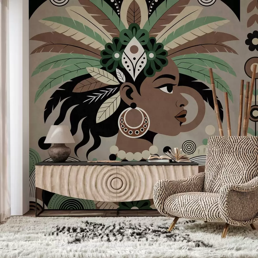 wall murals стилски дизајн инспирисан Африком у нијансама зелене, браон и беж w05389v1