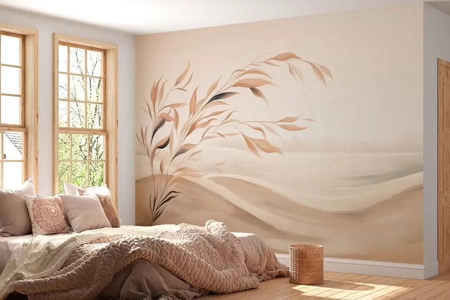 wall murals Меки пејзаж са граном преко брда у светлим беж тоновима w05297