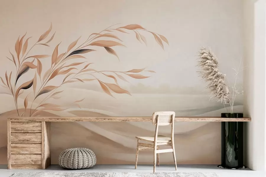 wall murals Меки пејзаж са граном преко брда у светлим беж тоновима w05297