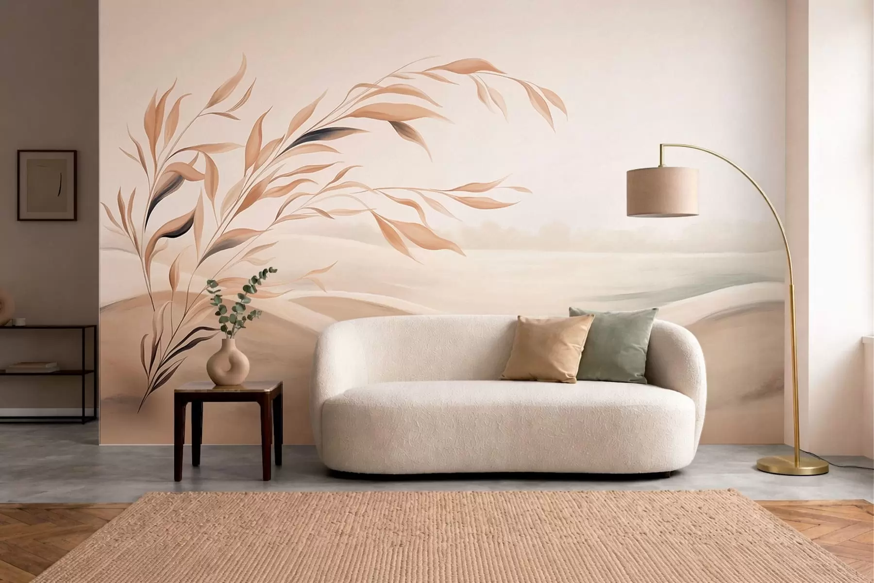 wall murals Меки пејзаж са граном преко брда у светлим беж тоновима w05297