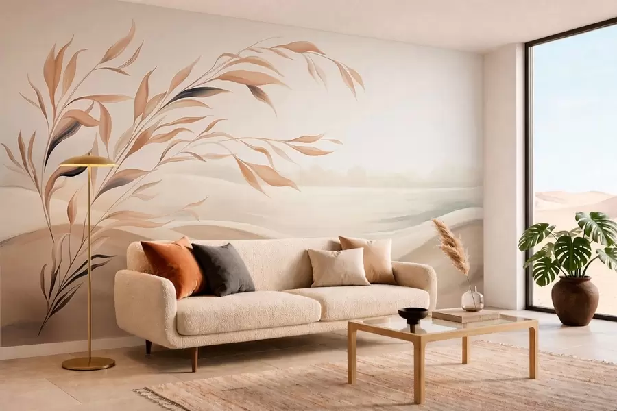 wall murals Меки пејзаж са граном преко брда у светлим беж тоновима w05297