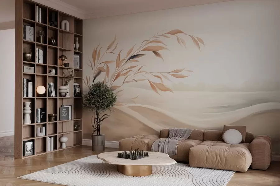 wall murals Меки пејзаж са граном преко брда у светлим беж тоновима w05297